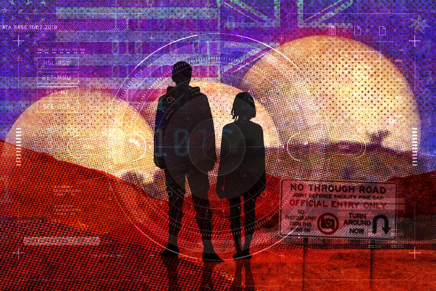 An animated graphic of two people (silhouetted) standing with three large radomes in the distance.