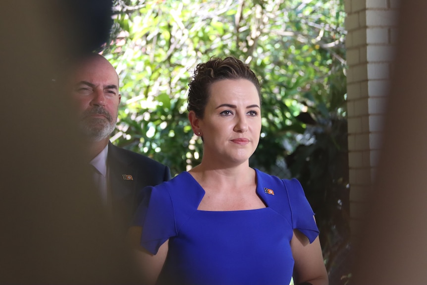 NT Opposition Leader Lia Finocchiaro standing and speaking at a press conference.