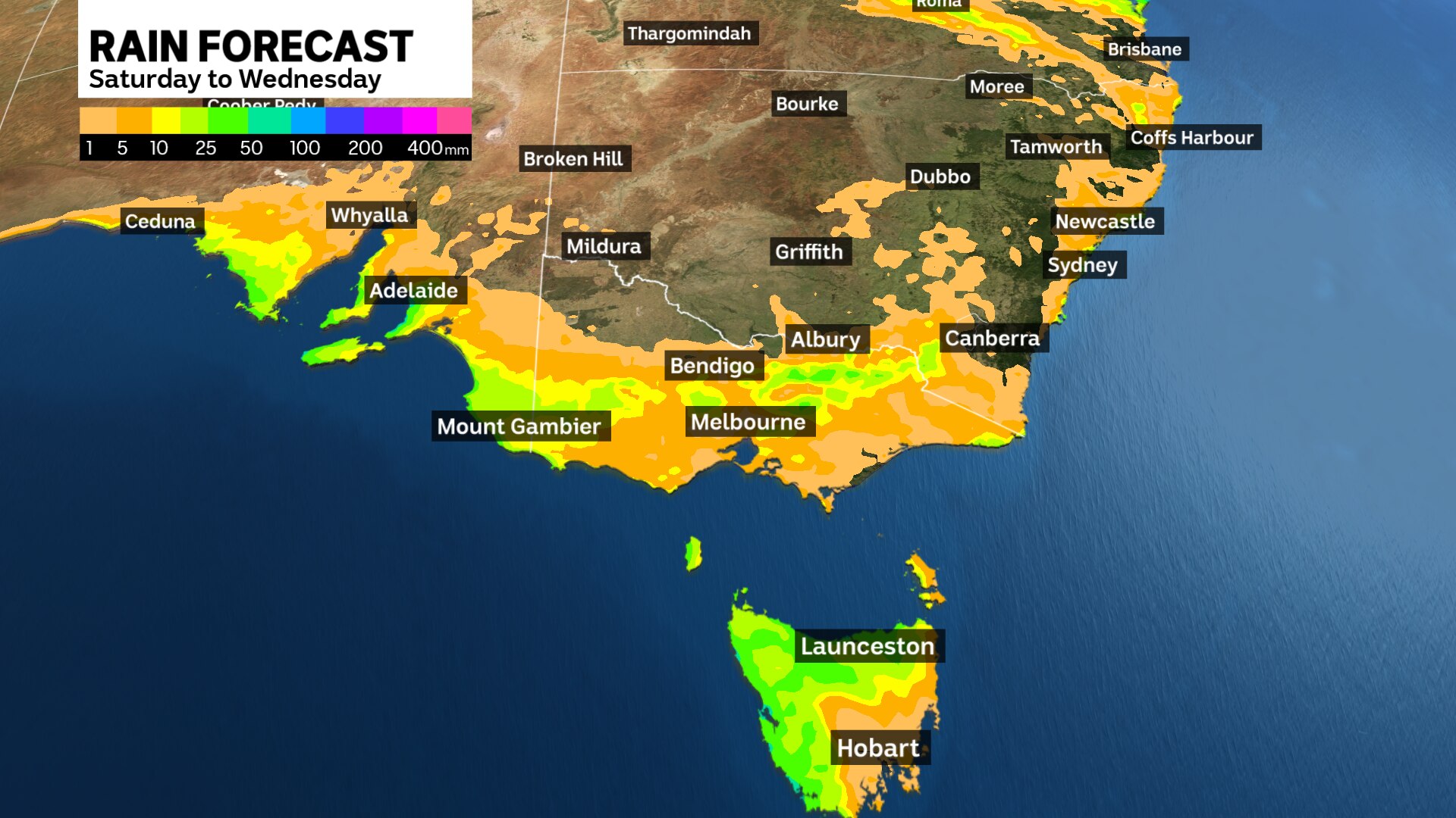 weather graph of predicted rain for thursday across coastal south australia, northern and western Tasmania