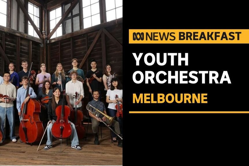 Youth Orchestra. Melbourne. A group of classically trained musicians sitting in a group facing the camera