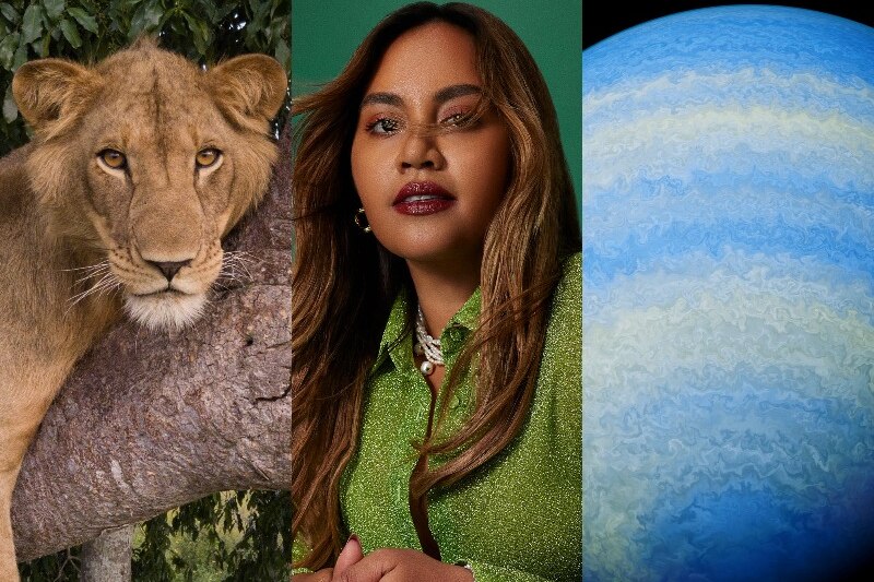 Composite photo of a lion, Jessica Mauboy and a blue planet.