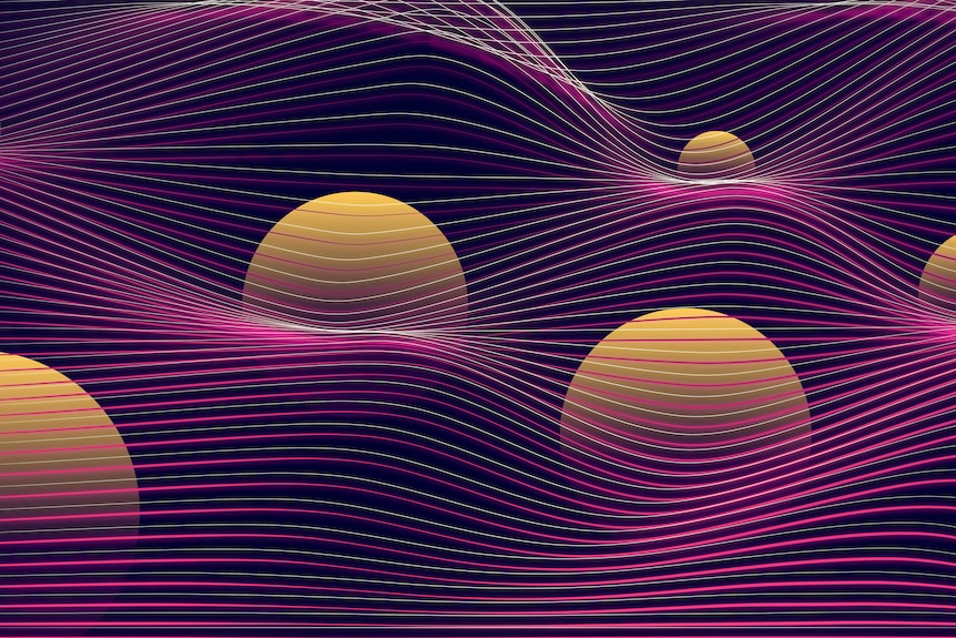 An abstract image of yellow planets embedded in a purple space-time, warping under their mass.
