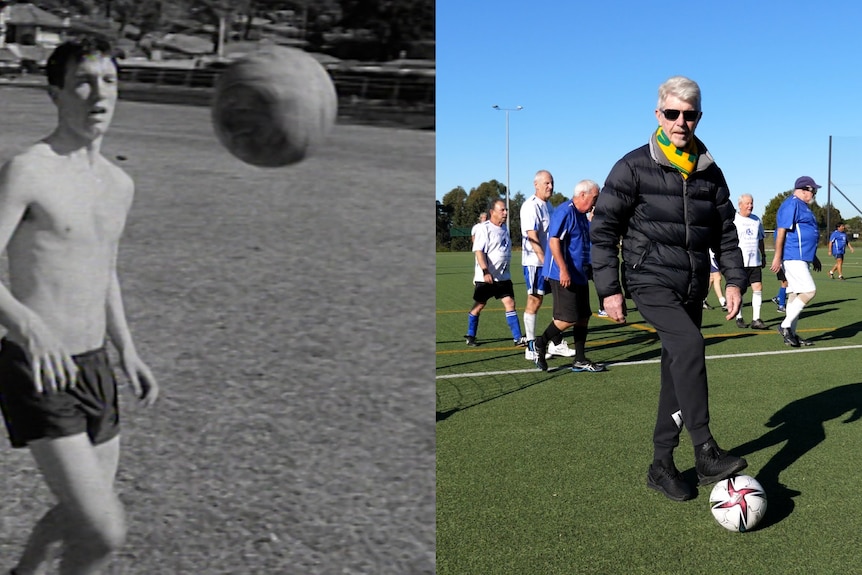 a composite photo of the same man as a teenager on the left and as a 74 year old on the right