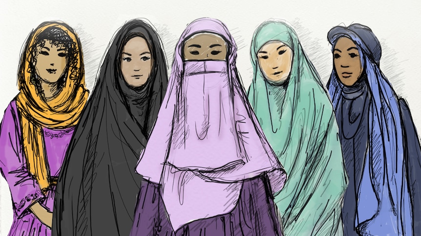 Colourful illustrations of five beautiful women. All wear either a dupatta, chador, niqab, khimar or jilbab