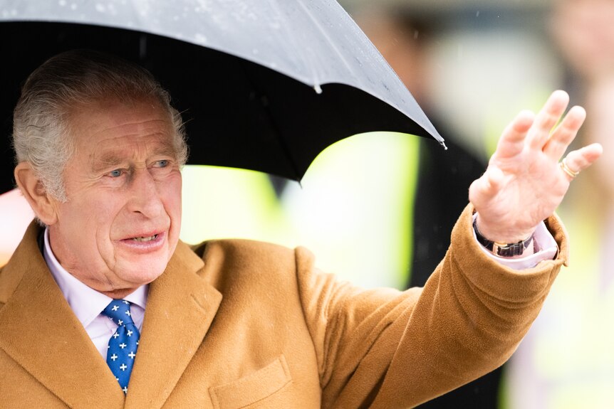 King Charles reaches out from under a black umbrella canopy to wave at a crowd. 