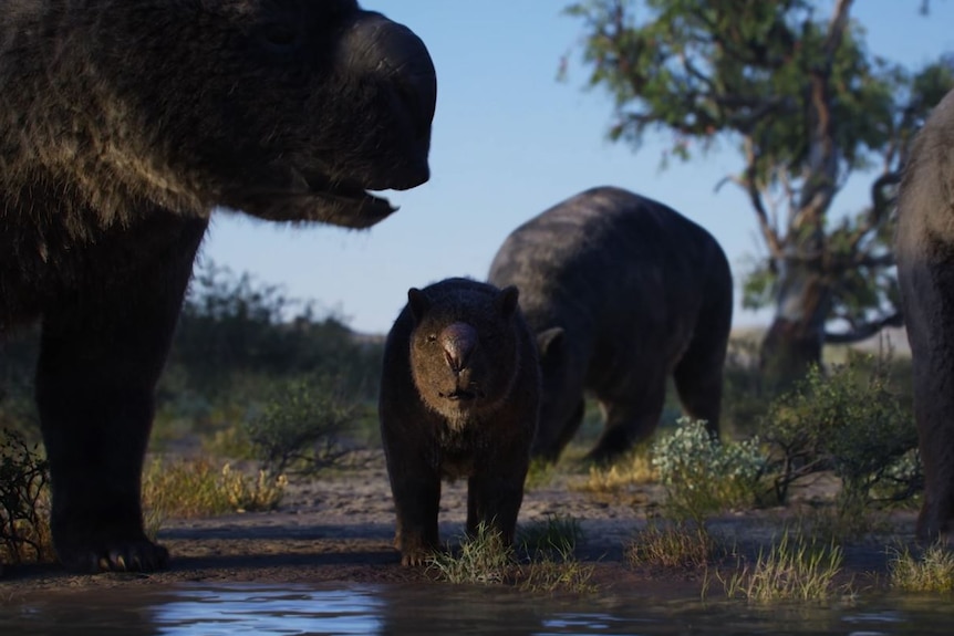 A baby diprotodon at the water's edge. 