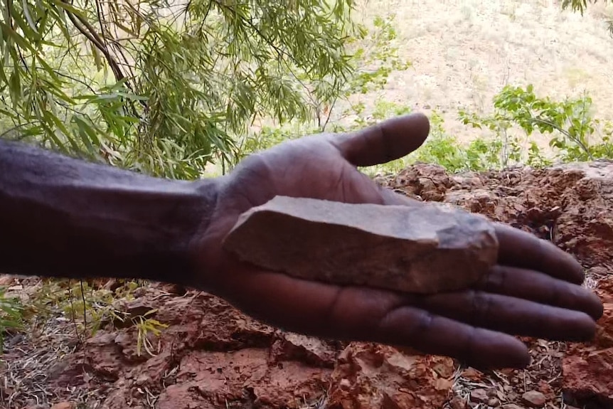 a man holding an ancient aboriginal spear head