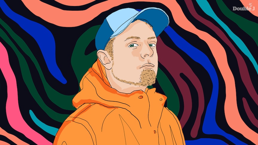 A digital sketch of DJ Shadow wearing an orange jumper and blue baseball cap.