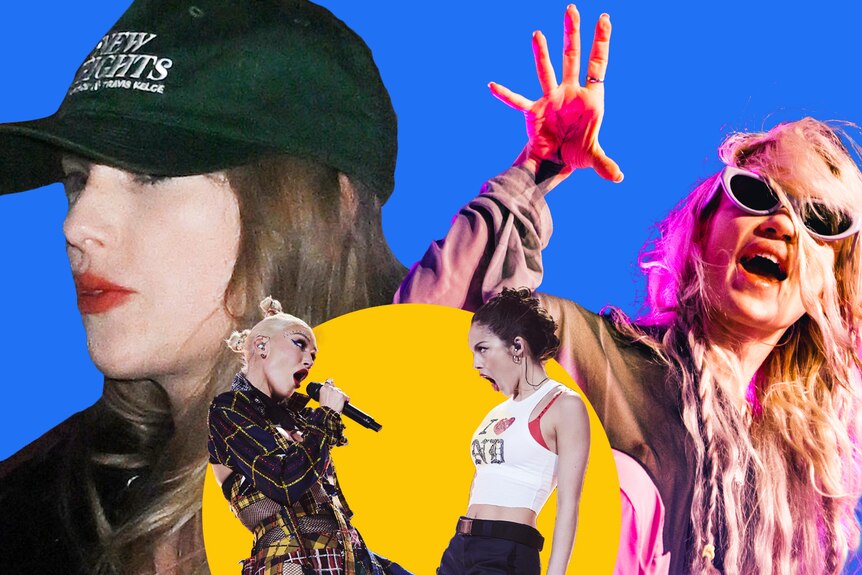 Collage of Taylor Swift, incognito mode with hat, Grimes DJ'ing in sunglasses and Gwen Stefani with Olivia Rodrigo.