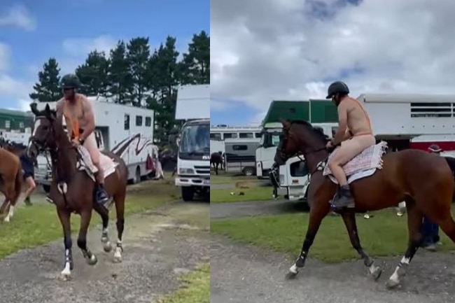 Composite of a man wearing an orange mankini while on a horse