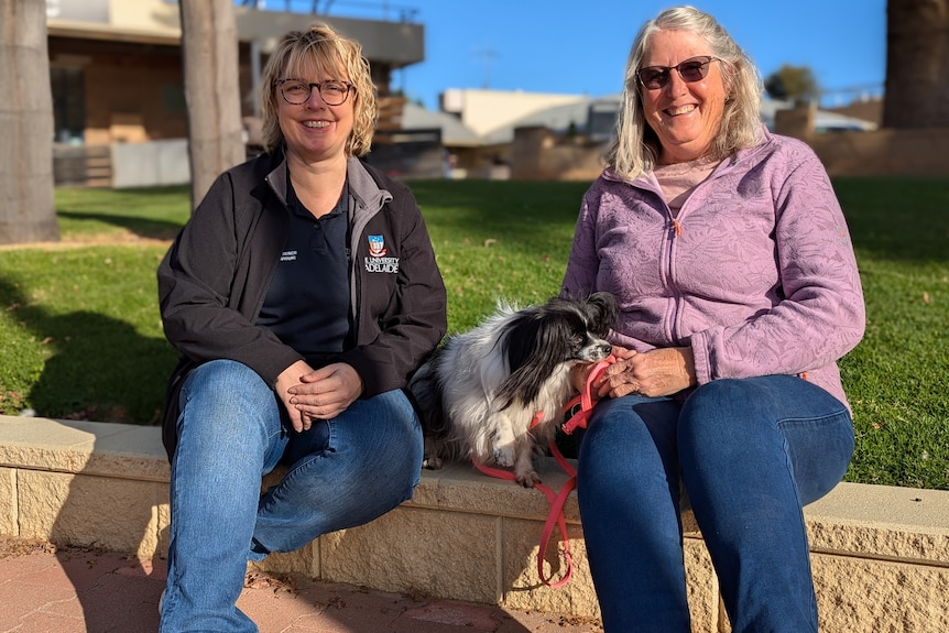 Two women sit on a low ledge with a dog between them.