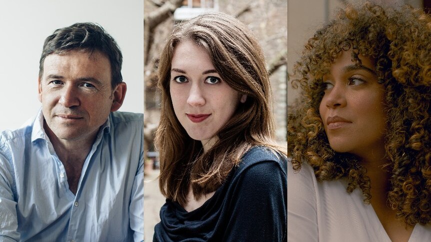 Three author head shots including David Nicholls, Samantha Shannon and Elizabeth Acevedo