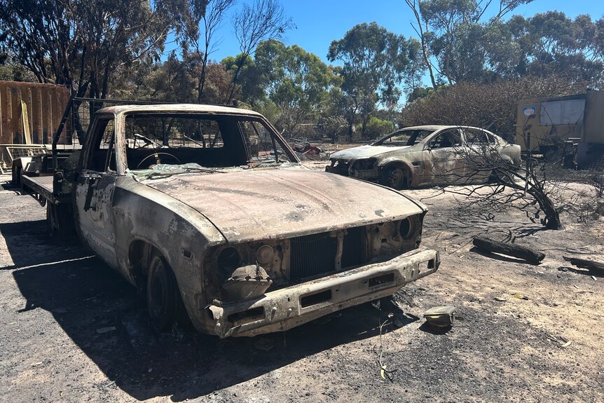 The burntout shells of a ute and a sedan on a scorched property,