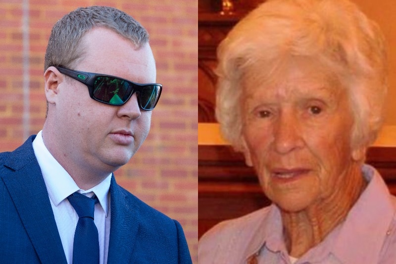 a collage of a man on the left, wearing a suit and sunnies, and an older lady on the right