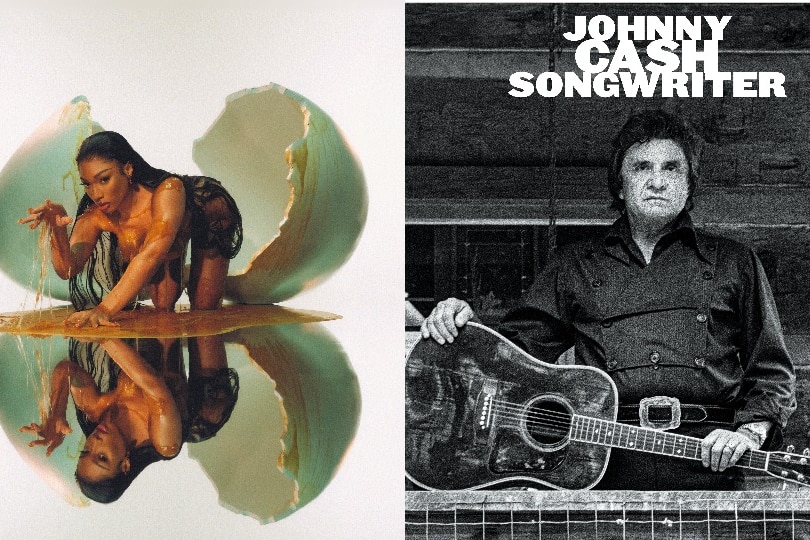 A naked Megan Thee Stallion emerges from a human-sized egg, next to a black and white photo of Johnny Cash with a guitar.
