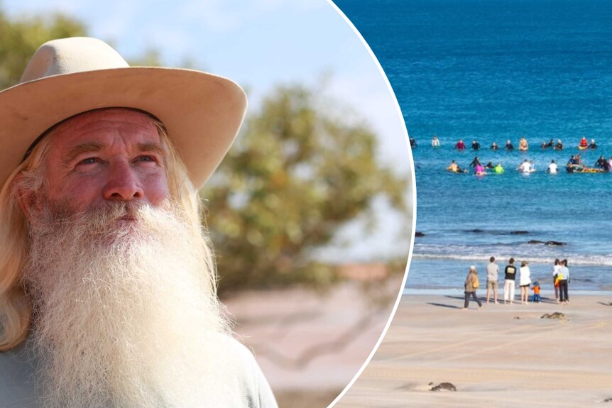 A composite picture of a bearded man and surfers at a beach