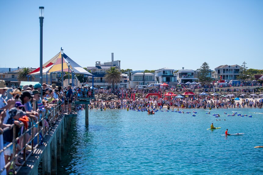 Hundreds of swimmers with blue floaties and blonde wigs prepare to swim in the ocean as onlookers crowd the Brighton jetty..