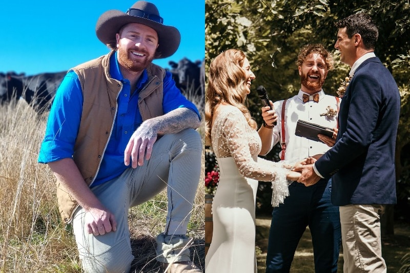 A photo of man in a hat kneeling in front of sheep beside a photo of the same man standing at a wedding alter.