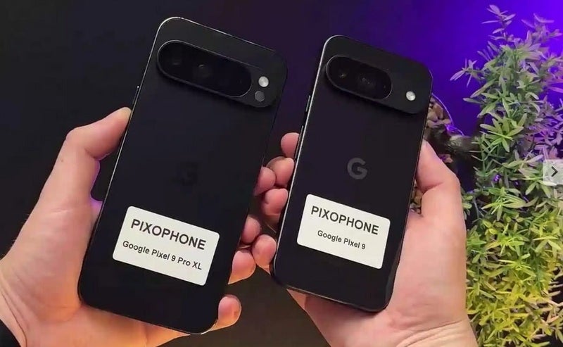 Hands-on photos of what allegedly are the Pixel 9 Pro XL and the Pixel 9, comparing their matte and glossy finishes.