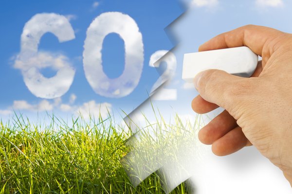 A hand with an eraser removing carbon dioxide with green grass and a blue sky in the background.