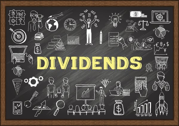 Blackboard covered in financial and stock market doodles with the word Dividends in the center.