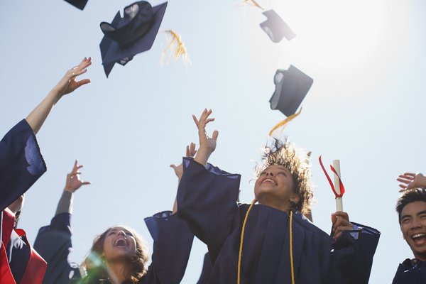 A group of graduates in black gowns throw their caps in the air.