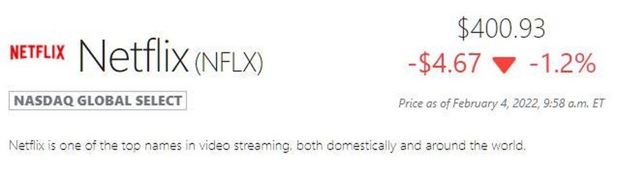 Netflix's ticker symbol and current stock price.