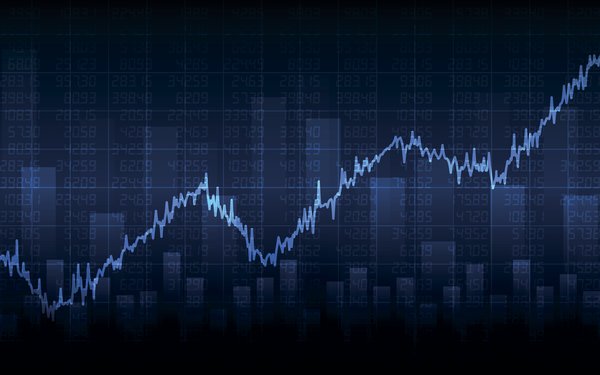 Chart showing spiky line trending up and to the right with numbers in background.