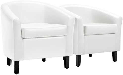 Yaheetech White Accent Chairs set of 2, Faux Leather Barrel Chairs, Modern living Room Chairs, Comfy Club Chairs with Sturdy Wood Legs for Bedroom/Reading/Room/Waiting Room, White