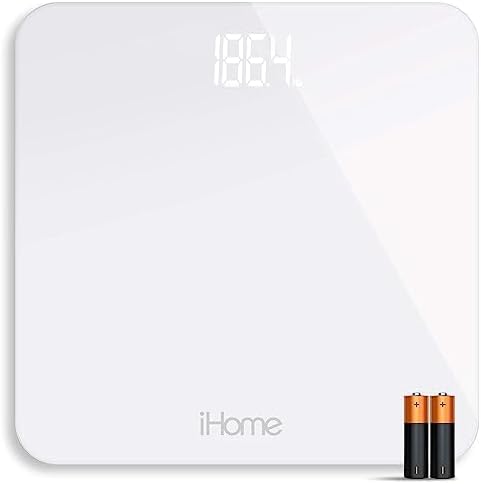 iHome Digital Scale Step-On Bathroom Scale - iHome High Precision Body Weight Scale - 400 lbs, Battery Powered with LED Display - Batteries Included -Great for Home Gym (White)
