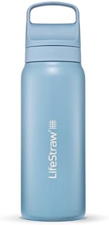 LifeStraw Go Series – Insulated Stainless Steel Water Filter Bottle for Travel and Everyday use removes Bacteria, parasites and microplastics, Improves Taste, 24oz Icelandic Blue