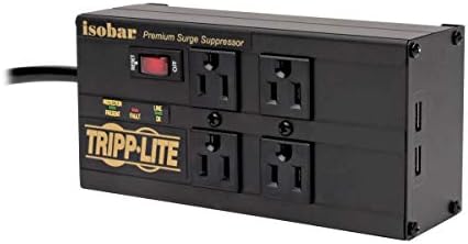 Tripp Lite Isobar 4 Outlet Surge Protector Power Strip with 2 USB Charging Ports, 8ft Long Cord, Right-Angle Plug, Metal, 3330 Joules, Lifetime Limited Warranty & $50K Insurance (IBAR4ULTRAUSBB),Black