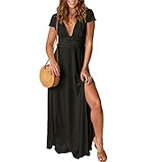 ANRABESS Women's Deep V Neck Short Sleeve Long Dresses Pleated High Waist Slit Club Party Evening...