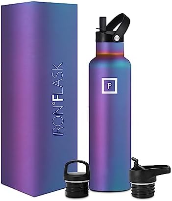 IRON °FLASK Sports Water Bottle - 3 Lids (Narrow Straw Lid) Leak Proof Vacuum Insulated Stainless Steel - Hot & Cold Double Walled Insulated Thermos, Durable Metal Canteen - Aurora, 24 Oz