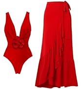 FLAXMAKER Detachable 3D Flower Red Swimsuit Cover up Set One Piece Swimsuit and Skirt