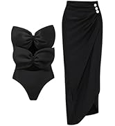 FLAXMAKER Womens Swimwear Double Bow Tie Bandeau Cutout Detachable Sling Black One Piece Swimsuit...