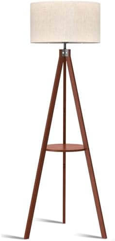 LEPOWER Tripod Floor Lamp, Mid Century Wood Standing Lamp, Modern Design Shelf Floor Lamp for Living Room, Bedroom, Office, Flaxen Lamp Shade with E26 Lamp Base Brown