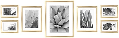 ArtbyHannah 7 Pack Gold Gallery Wall Picture Frames Sets with Decorative Botanical Art Prints for Photo Frame Collages for Home Decoration, Multiple Sizes 11x14x1, 8x10x2, 5x7x4