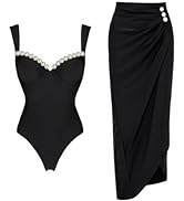 FLAXMAKER Black Double Shoulder Straps Chest Pearl One Piece Swimsuit and Skirt