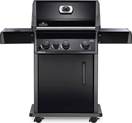 Napoleon Rogue 425 BBQ Grill, Black, Propane Gas - R425SBPK-1-OB - with Three Burners and Range Gas Side Burner, Barbecue Gas Cart, Folding Side Shelves, Instant Fail Safe Ignition