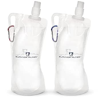 Survivor Filter 1L Clear Collapsible Water Bottles - Travel, Hiking, Foldable, BPA-Free - 2 x 33oz