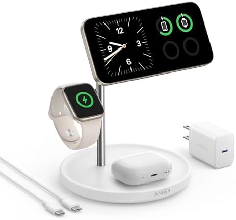 Anker MagSafe-Compatible Wireless Charging Stand, MagGo 3 in 1 Wireless Charging Station, Qi2 Certified 15W Wireless Charger for iPhone 15/15 Pro/14/13/12, Apple Watch, AirPods