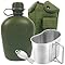 BeGrit Military Canteen Army Canteen WWII US G.I. Style Canteen Kit with Aluminum Cup Stainless Steel Foldable Spoon Fork for Hiking Backpacking Camping, 1 Quart Green