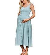 OUGES Womens Maternity Dress Scoop Neck Casual Sleeveless Button Down Pregnancy Clothes Midi Sund...