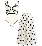 FLAXMAKER Black and White Swimsuit Bow-tie Decor Women's Polka dot Print Skirt One Piece Bathing ...