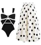 FLAXMAKER Black and White Bow-tie Decor One Piece Swimsuit and Skirt