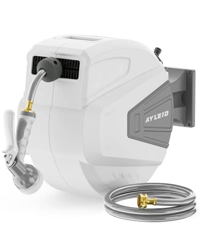 Ayleid Retractable Garden Hose Reel,1/2 in x 65 ft Wall Mounted Hose Reel, with 9- Function Sprayer Nozzle, Any Length Lock/S