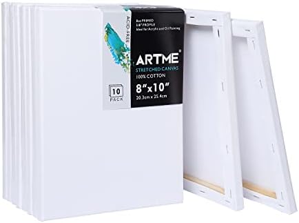 ARTME Stretched Canvas 8x10 Inch Pack of 10, 8oz Primed Acid-Free 100% Cotton, White Blank Canvases Perfect for Acrylic, Oil, and Other Painting Media, Ideal Painting Canvas for Artists and Students
