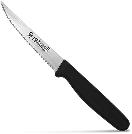 Jakmell Kitchenware 4 Inch Serrated Paring Knife with Black Handle, Stainless Steel Kitchen Knife with Durable Handle, All-Purpose Small Kitchen Utility Knife