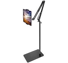 Tablet Floor Stand with Double Weight Base, Overhead Bed Phone Mount Height Adjustable Arm Stretchable Stand Holder, Compat…